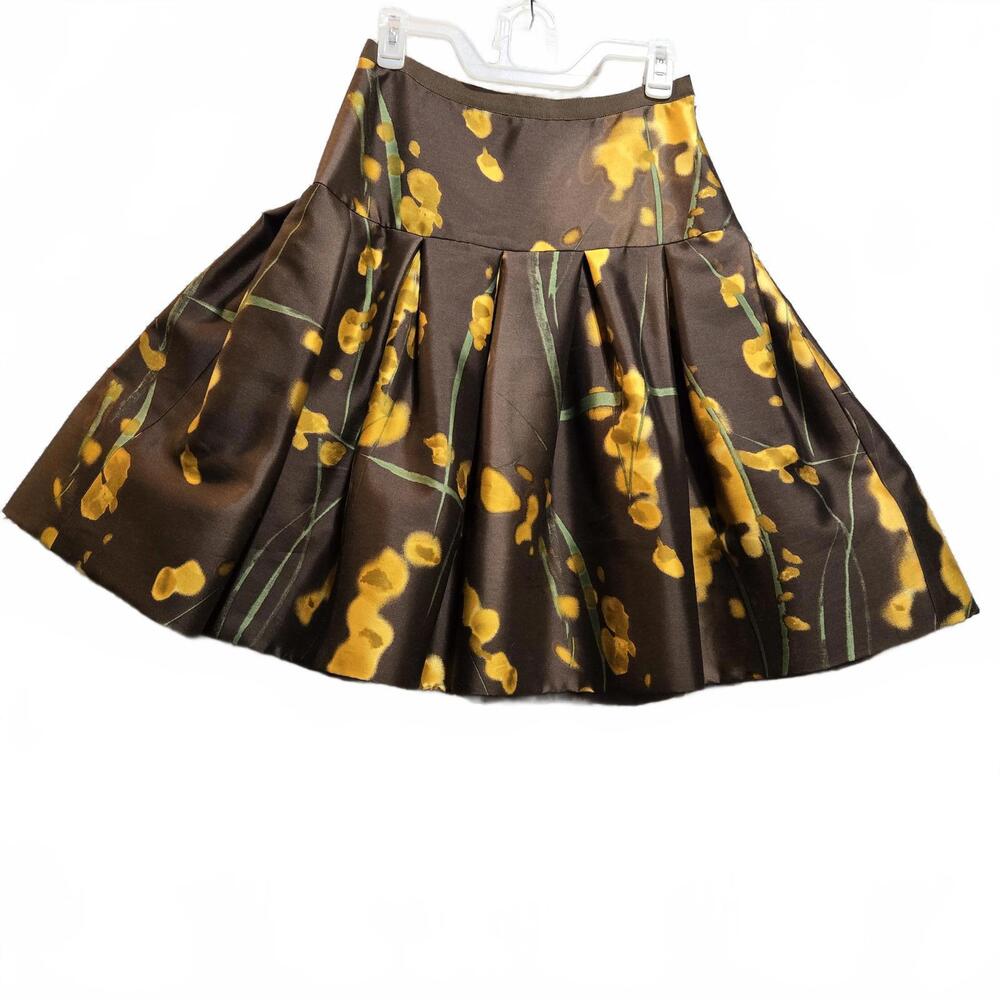 Oscar de la Renta F08 Silk Wool Floral Drop Waist Pleated Skirt Size 6 Brown - Picture 1 of 9